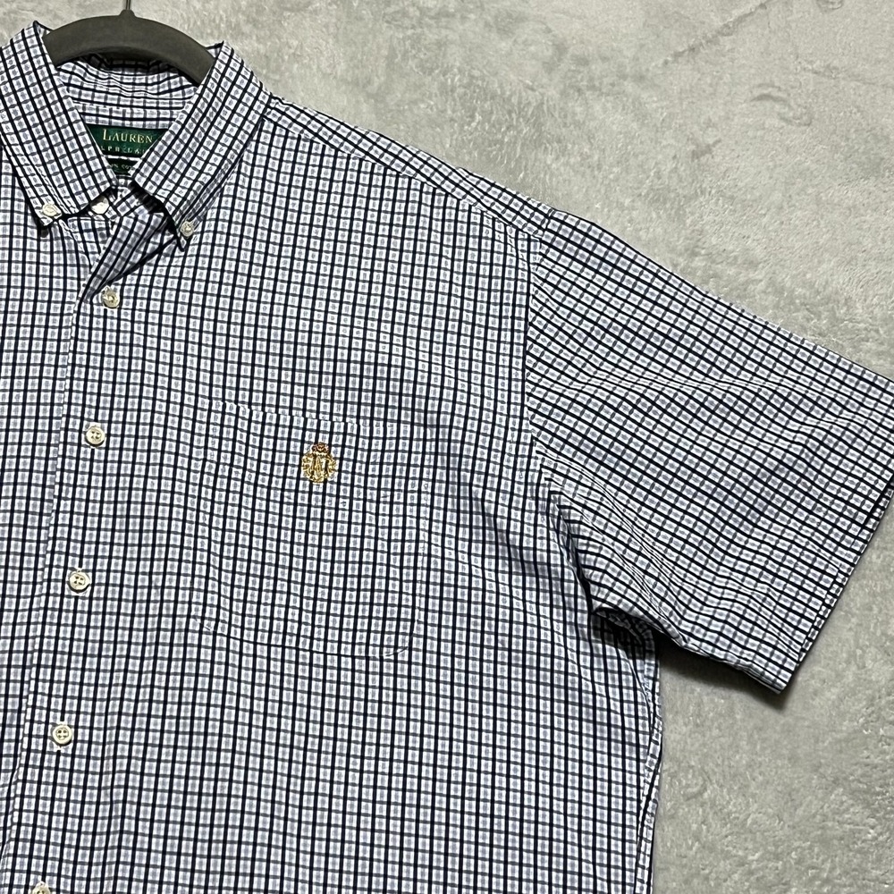 Lauren Ralph Lauren Mens L Short Sleeve Shirt Blue Check Plaid Crest Logo Cotton - Picture 2 of 7